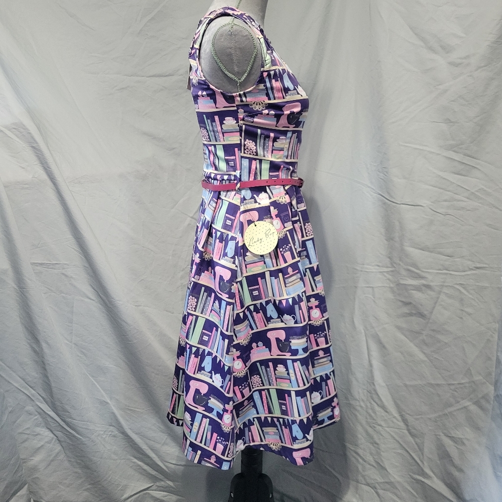 Lindy Bop Lily Baking Bookshelf Dress Navy/Purple - Picture 4 of 11
